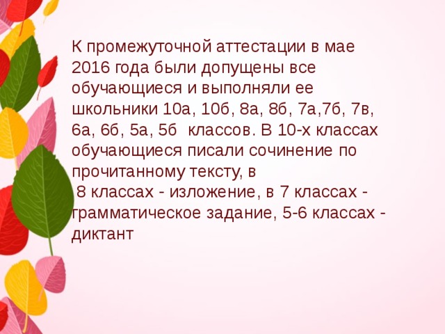    К промежуточной аттестации в мае 2016 года были допущены все обучающиеся и выполняли ее школьники 10а, 10б, 8а, 8б, 7а,7б, 7в, 6а, 6б, 5а, 5б классов. В 10-х классах обучающиеся писали сочинение по прочитанному тексту, в  8 классах - изложение, в 7 классах - грамматическое задание, 5-6 классах - диктант 