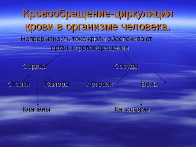 Кровообращение-циркуляция крови в организме человека.  Непрерывность тока крови обеспечивают  органы кровообращения.  Сердце Сосуды Стенки Камеры Артерии Вены  Клапаны Капилляры 