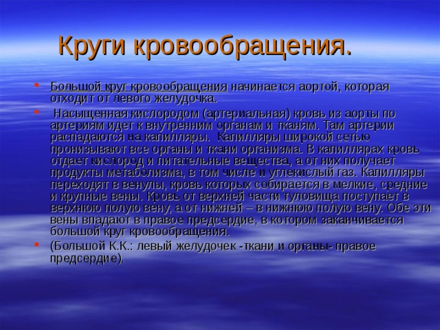 Круги кровообращения. Большой круг кровообращения начинается аортой, которая отходит от левого желудочка.  Насыщенная кислородом (артериальная) кровь из аорты по артериям идет к внутренним органам и тканям. Там артерии распадаются на капилляры. Капилляры широкой сетью пронизывают все органы и ткани организма. В капиллярах кровь отдает кислород и питательные вещества, а от них получает продукты метаболизма, в том числе и углекислый газ. Капилляры переходят в венулы, кровь которых собирается в мелкие, средние и крупные вены. Кровь от верхней части туловища поступает в верхнюю полую вену, а от нижней – в нижнюю полую вену. Обе эти вены впадают в правое предсердие, в котором заканчивается большой круг кровообращения. (Большой К.К.: левый желудочек -ткани и органы- правое предсердие). 