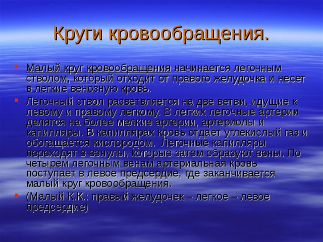 Круги кровообращения. Малый круг кровообращения начинается легочным стволом, который отходит от правого желудочка и несет в легкие венозную кровь. Легочный ствол разветвляется на две ветви, идущие к левому и правому легкому. В легких легочные артерии делятся на более мелкие артерии, артериолы и капилляры. В капиллярах кровь отдает углекислый газ и обогащается кислородом. Легочные капилляры переходят в венулы, которые затем образуют вены. По четырем легочным венам артериальная кровь поступает в левое предсердие, где заканчивается малый круг кровообращения. (Малый К.К.: правый желудочек – легкое – левое предсердие) 