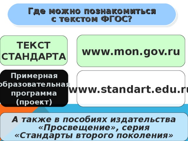 Где можно познакомиться с текстом ФГОС? www.mon.gov.ru ТЕКСТ СТАНДАРТА Примерная образовательная программа (проект) www.standart.edu.ru А также в пособиях издательства «Просвещение», серия «Стандарты второго поколения» 2 