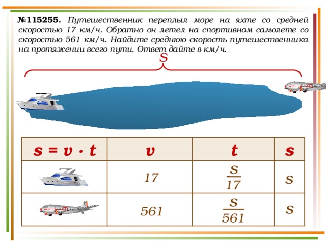№ 115255.  Путешественник переплыл море на яхте со средней скоростью 17 км/ч. Обратно он летел на спортивном самолете со скоростью 561 км/ч. Найдите среднюю скорость путешественника на протяжении всего пути. Ответ дайте в км/ч. S s = v · t v t s s s 17 17 s s 561 561 