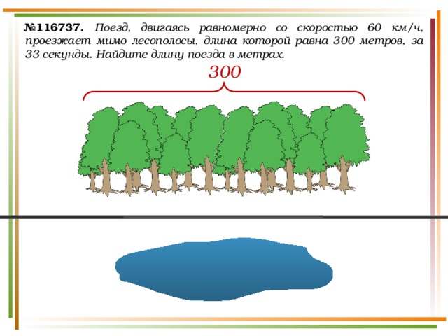 № 116737.  Поезд, двигаясь равномерно со скоростью 60 км/ч, проезжает мимо лесополосы, длина которой равна 300 метров, за 33 секунды. Найдите длину поезда в метрах. 300 