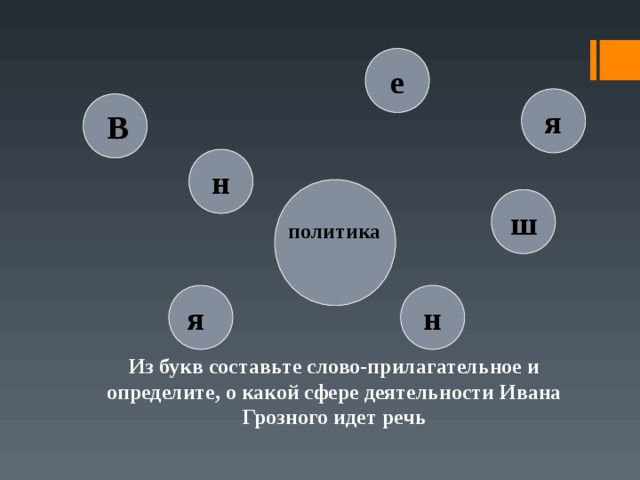 е я В н политика ш я н Из букв составьте слово-прилагательное и определите, о какой сфере деятельности Ивана Грозного идет речь