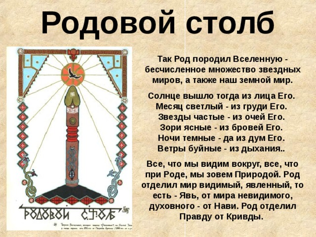 Родовой столб Так Род породил Вселенную - бесчисленное множество звездных миров, а также наш земной мир. Солнце вышло тогда из лица Его.  Месяц светлый - из груди Его.  Звезды частые - из очей Его.  Зори ясные - из бровей Его.  Ночи темные - да из дум Его.  Ветры буйные - из дыхания.. Все, что мы видим вокруг, все, что при Роде, мы зовем Природой. Род отделил мир видимый, явленный, то есть - Явь, от мира невидимого, духовного - от Нави. Род отделил Правду от Кривды. 