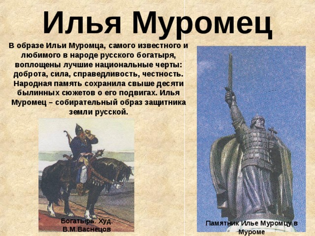 Илья Муромец В образе Ильи Муромца, самого известного и любимого в народе русского богатыря, воплощены лучшие национальные черты: доброта, сила, справедливость, честность. Народная память сохранила свыше десяти былинных сюжетов о его подвигах. Илья Муромец – собирательный образ защитника земли русской. Богатырь. Худ. В.М.Васнецов Памятник Илье Муромцу в Муроме 