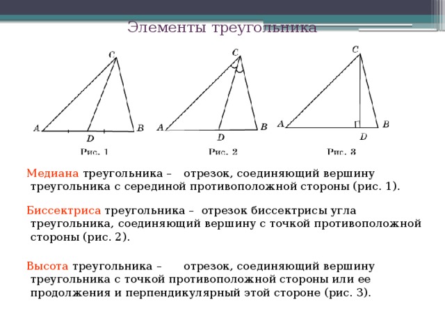 Отрезок соединяющий вершину угла. Элементы треугольника Медиана биссектриса высота. Элементы треугольника биссектриса высота Медиана средняя линия. Медиана биссектриса и высота треугольника. Линии в треугольнике Медиана биссектриса высота.