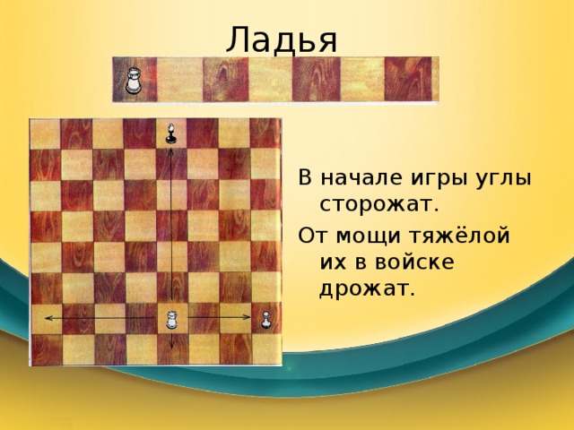 Ладья В начале игры углы сторожат. От мощи тяжёлой их в войске дрожат. 