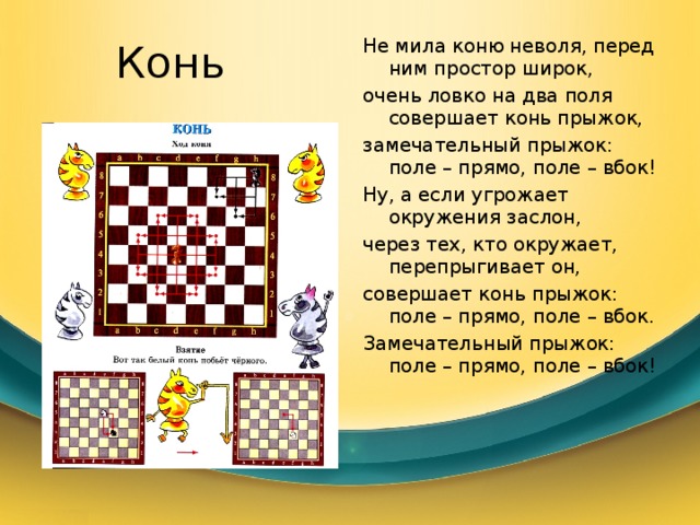 Конь Не мила коню неволя, перед ним простор широк, очень ловко на два поля совершает конь прыжок, замечательный прыжок: поле – прямо, поле – вбок! Ну, а если угрожает окружения заслон, через тех, кто окружает, перепрыгивает он, совершает конь прыжок: поле – прямо, поле – вбок. Замечательный прыжок: поле – прямо, поле – вбок! 