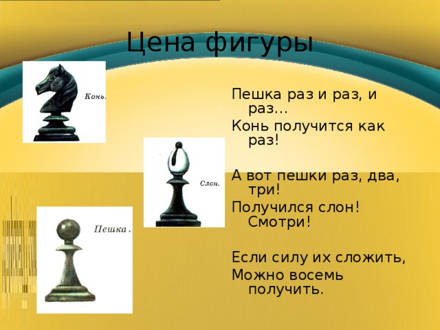 Цена фигуры Пешка раз и раз, и раз… Конь получится как раз! А вот пешки раз, два, три! Получился слон! Смотри! Если силу их сложить, Можно восемь получить. 
