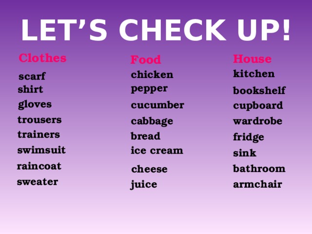 LET’S CHECK UP! Clothes House Food kitchen chicken scarf pepper shirt bookshelf gloves cucumber cupboard trousers cabbage wardrobe trainers bread fridge swimsuit ice cream sink raincoat bathroom cheese sweater armchair juice 
