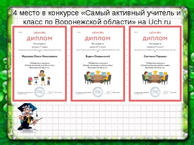 4 место в конкурсе «Самый активный учитель и класс по Воронежской области» на Uch.ru 