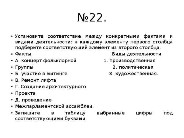 Установите соответствие между деятельностью