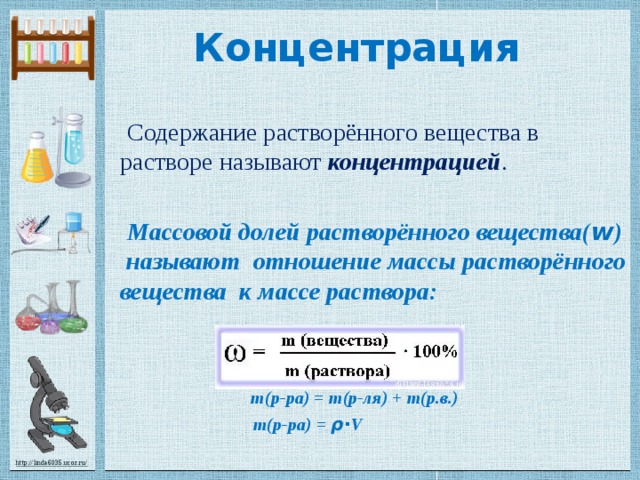 Концентрация  Содержание растворённого вещества в растворе называют концентрацией .  Массовой долей растворённого вещества( w )  называют  отношение массы растворённого вещества к массе раствора:    m(р-ра) = m(р-ля) + m(р.в.)  m(р-ра) = ρ∙ V    