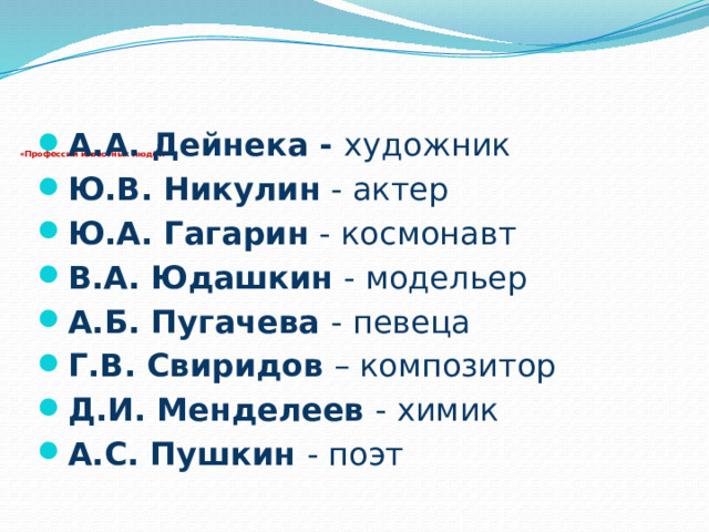  А.А. Дейнека - художник Ю.В. Никулин - актер Ю.А. Гагарин - космонавт В.А. Юдашкин - модельер А.Б. Пугачева - певеца Г.В. Свиридов – композитор Д.И. Менделеев - химик А.С. Пушкин - поэт      «Профессии известных людей»   