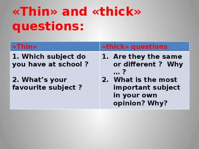 Same rate. Thick and thin предложения. Thick questions. Which subjects do you have at School are they the same or different перевод. Thin thick.