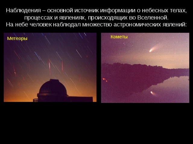 Наблюдения – основной источник информации о небесных телах, процессах и явлениях, происходящих во Вселенной. На небе человек наблюдал множество астрономических явлений: Кометы  Метеоры 