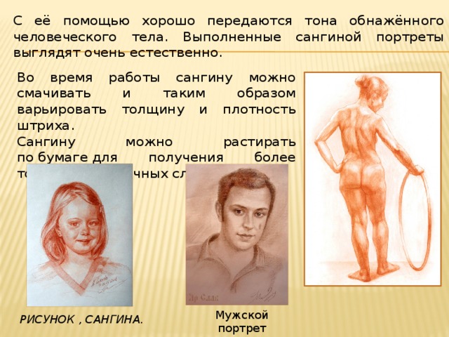 С её помощью хорошо передаются тона обнажённого человеческого тела. Выполненные сангиной портреты выглядят очень естественно. Во время работы сангину можно смачивать и таким образом варьировать толщину и плотность штриха. Сангину можно растирать по бумаге для получения более тонких и прозрачных слоёв. Мужской портрет  сангина Рисунок , САНГИНА. 