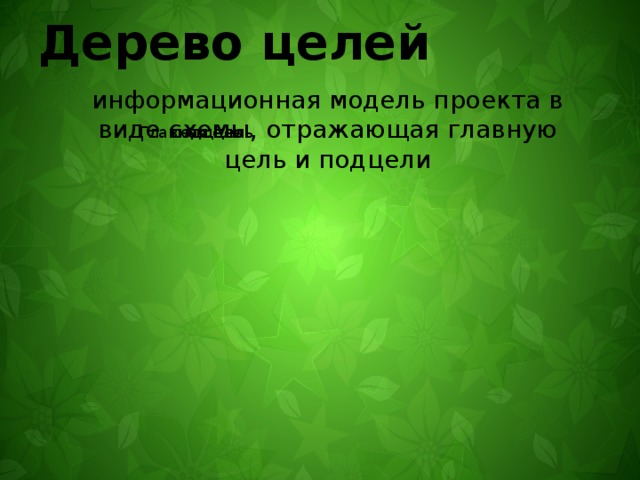 Дерево целей информационная модель проекта в виде схемы, отражающая главную цель и подцели Главная цель подцель Главная цель подцель 