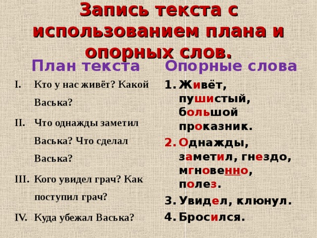 Найди опорные ключевые слова и попробуй составить план