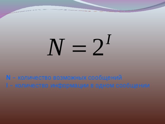 N – количество возможных сообщений  I – количество информации в одном сообщении   