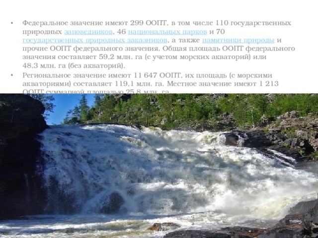 Федеральное значение имеют 299 ООПТ, в том числе 110 государственных природных  заповедников , 46  национальных парков  и 70  государственных природных заказников , а также  памятники природы  и прочие ООПТ федерального значения. Общая площадь ООПТ федерального значения составляет 59,2 млн. га (с учетом морских акваторий) или 48,3 млн. га (без акваторий). Региональное значение имеют 11 647 ООПТ, их площадь (с морскими акваториями) составляет 119,1 млн. га. Местное значение имеют 1 213 ООПТ суммарной площадью 25,8 млн. га 