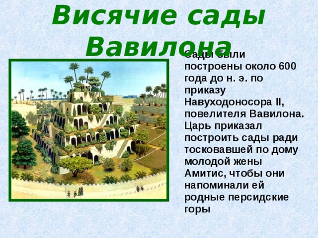 Висячие сады Вавилона  Сады были построены около 600 года до н. э. по приказу Навуходоносора II , повелителя Вавилона. Царь приказал построить сады ради тосковавшей по дому молодой жены Амитис, чтобы они напоминали ей родные персидские горы 