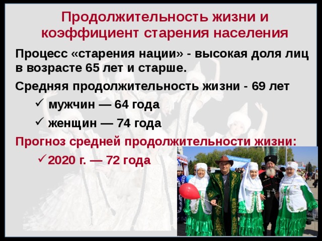 Продолжительность жизни и коэффициент старения населения Процесс «старения нации» - высокая доля лиц в возрасте 65 лет и старше. Средняя продолжительность жизни - 69 лет  мужчин — 64 года  женщин — 74 года Прогноз средней продолжительности жизни: 2020 г. — 72 года 