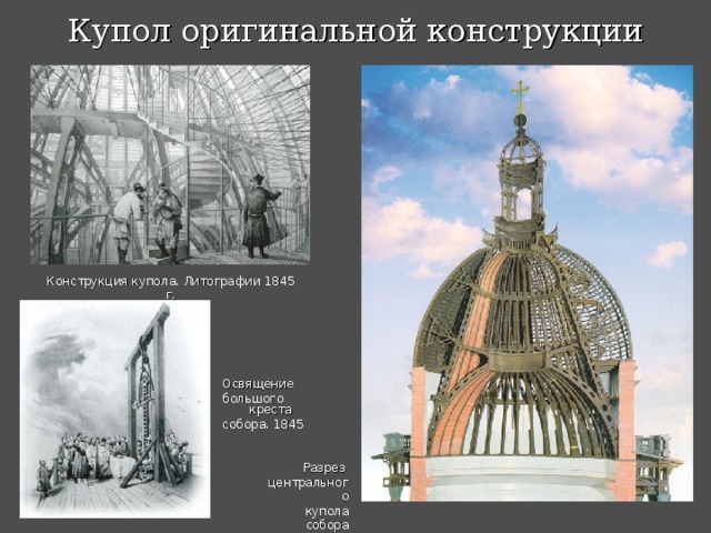 Купол оригинальной конструкции Конструкция купола. Литографии 1845 г.   Освящение большого креста собора. 1845 Разрез  центрального  купола собора 