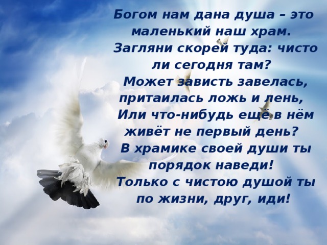 Богом нам дана душа – это маленький наш храм.  Загляни скорей туда: чисто ли сегодня там?  Может зависть завелась, притаилась ложь и лень,  Или что-нибудь ещё в нём живёт не первый день?  В храмике своей души ты порядок наведи!  Только с чистою душой ты по жизни, друг, иди! 