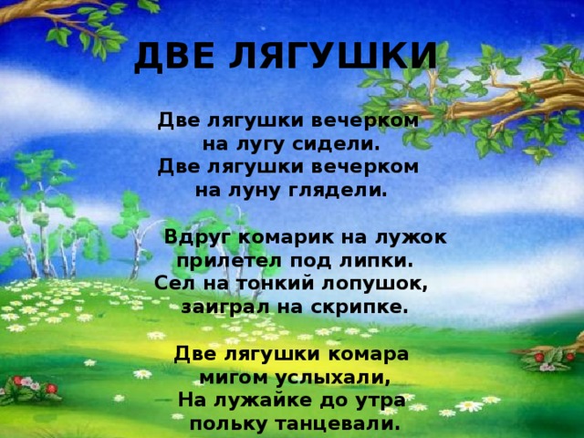 ДВЕ ЛЯГУШКИ Две лягушки вечерком на лугу сидели. Две лягушки вечерком на луну глядели.   Вдруг комарик на лужок  прилетел под липки. Сел на тонкий лопушок,  заиграл на скрипке.  Две лягушки комара  мигом услыхали, На лужайке до утра  польку танцевали. 