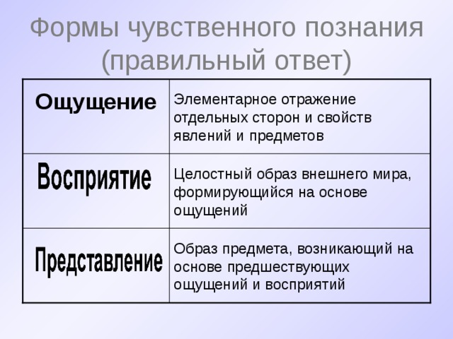 Формы чувственного познания  (правильный ответ) Элементарное отражение отдельных сторон и свойств явлений и предметов Ощущение  Целостный образ внешнего мира, формирующийся на основе ощущений  Образ предмета, возникающий на основе предшествующих ощущений и восприятий 