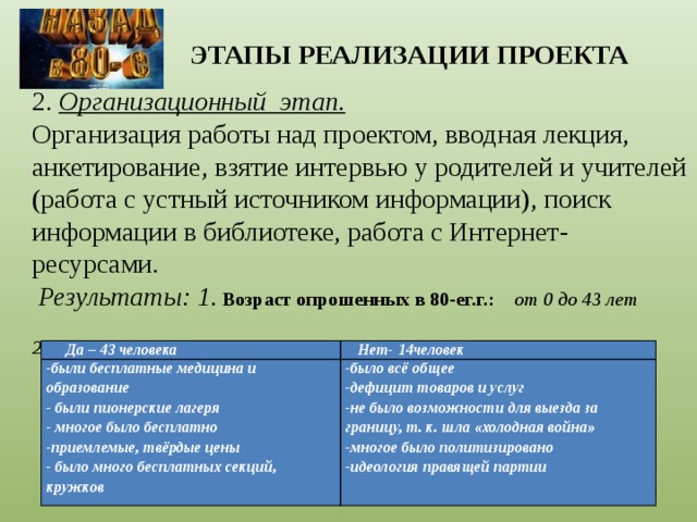 ЭТАПЫ РЕАЛИЗАЦИИ ПРОЕКТА 2. Организационный этап. Организация работы над проектом, вводная лекция, анкетирование, взятие интервью у родителей и учителей (работа с устный источником информации), поиск информации в библиотеке, работа с Интернет-ресурсами.  Результаты: 1 . Возраст опрошенных в 80-ег.г.:  от 0 до 43 лет 2. Нравилось ли вам жить в СССР? Почему?   Да – 43 человека -были бесплатные медицина и образование Нет- 14человек - были пионерские лагеря -было всё общее - многое было бесплатно -дефицит товаров и услуг -приемлемые, твёрдые цены -не было возможности для выезда за границу, т. к. шла «холодная война» - было много бесплатных секций, кружков -многое было политизировано -идеология правящей партии 
