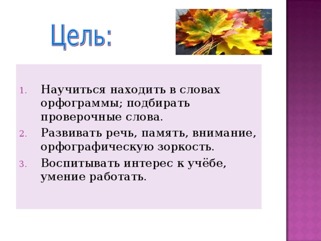 Научиться находить в словах орфограммы; подбирать проверочные слова. Развивать речь, память, внимание, орфографическую зоркость. Воспитывать интерес к учёбе, умение работать.  