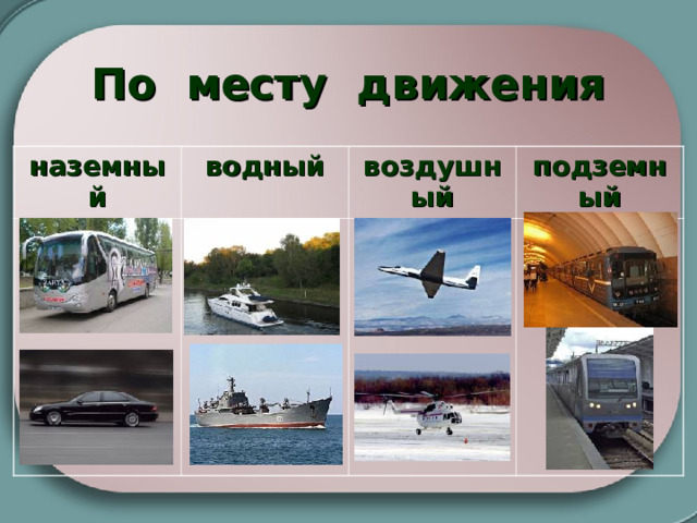 По месту движения наземный водный воздушный подземный 