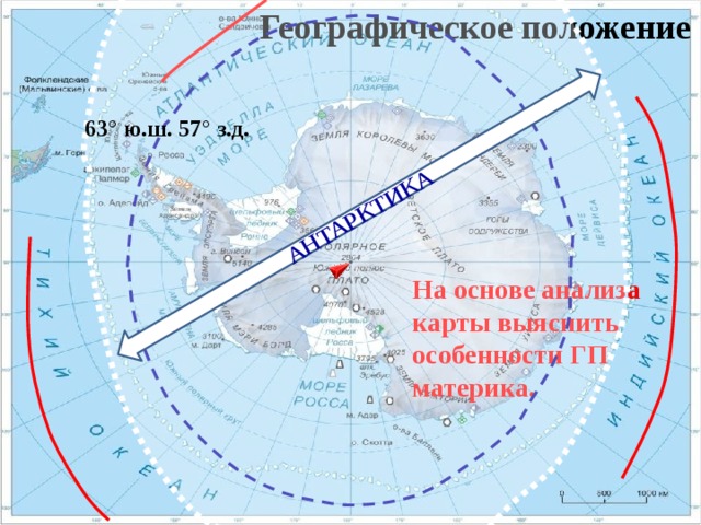 Географическое положение АНТАРКТИКА 63° ю.ш. 57° з.д. На основе анализа карты выяснить особенности ГП материка. 