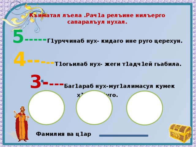 Къиматал лъела .Рач1а релъине нилъерго сапаралъул нухал. 5 ----- Г1урччинаб нух- кидаго ине руго церехун. 4 -- - -- Т1огьилаб нух- жеги т1адч1ей гьабила.  3 - --- Баг1араб нух-муг1алимасул кумек х1ажат буго. Фамилия ва ц1ар 