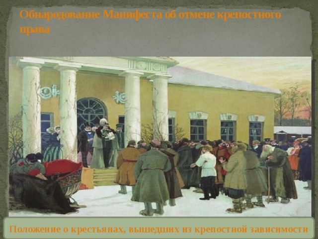 Обнародование Манифеста об отмене крепостного права Положение о крестьянах, вышедших из крепостной зависимости 