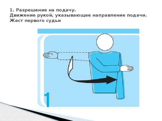 1. Разрешение на подачу.  Движение рукой, указывающее направление подачи.  Жест первого судьи 