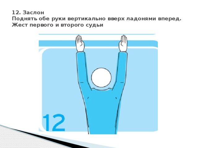 12. Заслон  Поднять обе руки вертикально вверх ладонями вперед.  Жест первого и второго судьи 