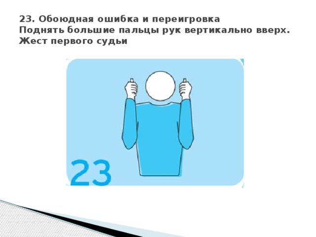 23. Обоюдная ошибка и переигровка  Поднять большие пальцы рук вертикально вверх.  Жест первого судьи 