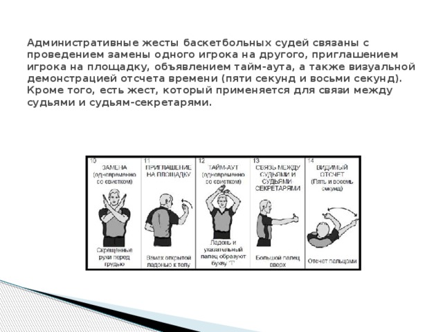 Административные жесты баскетбольных судей связаны с проведением замены одного игрока на другого, приглашением игрока на площадку, объявлением тайм-аута, а также визуальной демонстрацией отсчета времени (пяти секунд и восьми секунд). Кроме того, есть жест, который применяется для связи между судьями и судьям-секретарями. 