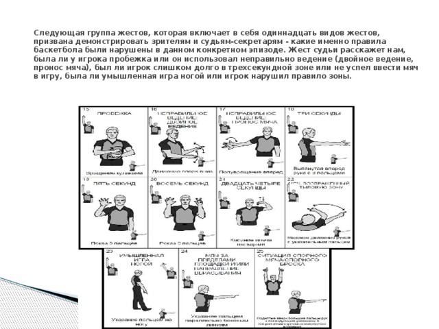 Следующая группа жестов, которая включает в себя одиннадцать видов жестов, призвана демонстрировать зрителям и судьям-секретарям - какие именно правила баскетбола были нарушены в данном конкретном эпизоде. Жест судьи расскажет нам, была ли у игрока пробежка или он использовал неправильно ведение (двойное ведение, пронос мяча), был ли игрок слишком долго в трехсекундной зоне или не успел ввести мяч в игру, была ли умышленная игра ногой или игрок нарушил правило зоны. 