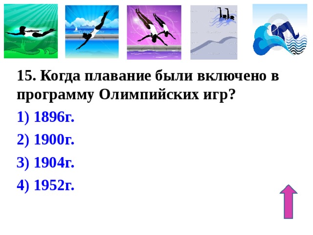 Плавание было включено в программу олимпийских игр. Когда плавание было включено в программу Олимпийских игр. Водные виды спорта викторина. В каком году плавание вошло в программу Олимпийских игр. 4.Когда плавание было включено в программу Олимпийских игр?.