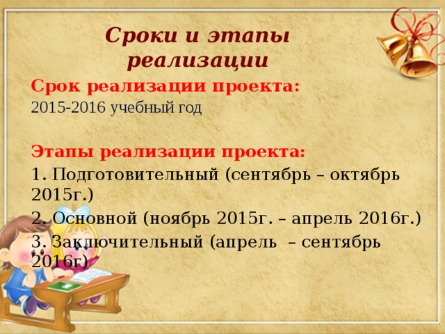 Сроки и этапы реализации Срок реализации проекта: 2015-2016 учебный год Этапы реализации проекта: 1. Подготовительный (сентябрь – октябрь 2015г.) 2. Основной (ноябрь 2015г. – апрель 2016г.) 3. Заключительный (апрель – сентябрь 2016г)