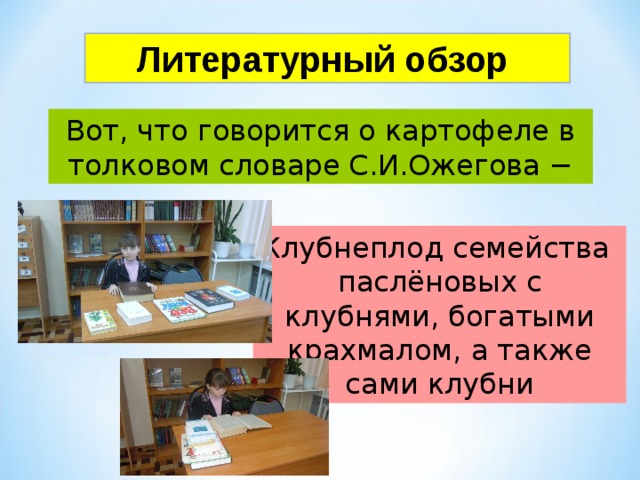 Литературный обзор Вот, что говорится о картофеле в толковом словаре С.И.Ожегова − Клубнеплод семейства паслёновых с клубнями, богатыми крахмалом, а также сами клубни 