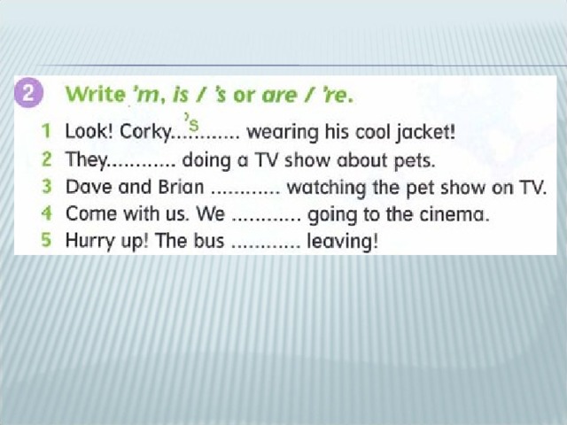 Write the negative перевод. Write am is or are. Look Corky wearing his cool Jacket ответ.