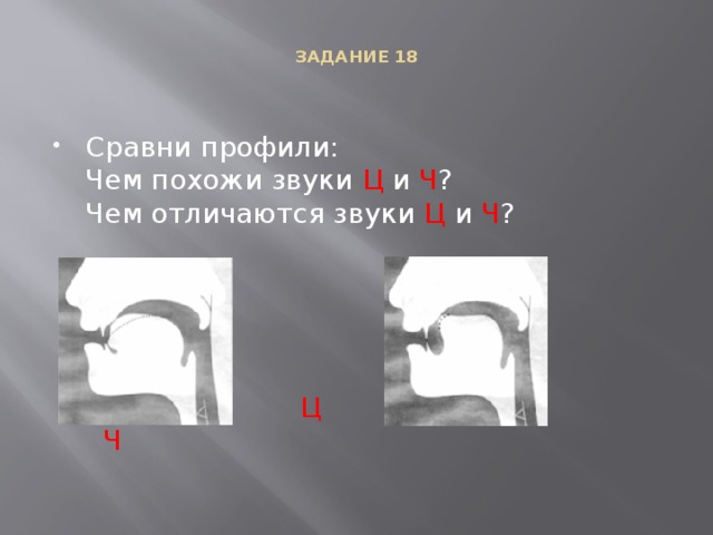  ЗАДАНИЕ 18    Сравни профили:  Чем похожи звуки Ц и Ч ?  Чем отличаются звуки Ц и Ч ?  Ц  Ч 