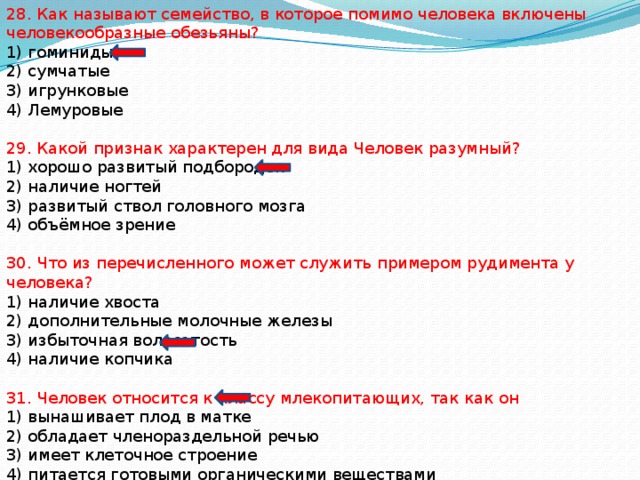 28. Как называют семейство, в которое помимо человека включены человекообразные обезьяны? 1) гоминиды 2) сумчатые 3) игрунковые 4) Лемуровые 29. Какой признак характерен для вида Человек разумный? 1) хорошо развитый подбородок 2) наличие ногтей 3) развитый ствол головного мозга 4) объёмное зрение 30. Что из перечисленного может служить примером рудимента у человека? 1) наличие хвоста 2) дополнительные молочные железы 3) избыточная волосатость 4) наличие копчика 31. Человек относится к классу млекопитающих, так как он 1) вынашивает плод в матке 2) обладает членораздельной речью 3) имеет клеточное строение 4) питается готовыми органическими веществами 