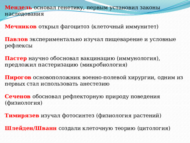 Мендель   основал генетику, первым установил законы наследования  Мечников   открыл фагоцитоз (клеточный иммунитет)  Павлов   экспериментально изучал пищеварение и условные рефлексы  Пастер   научно обосновал вакцинацию (иммунология), предложил пастеризацию (микробиология)  Пирогов   основоположник военно-полевой хирургии, одним из первых стал использовать анестезию  Сеченов   обосновал рефлекторную природу поведения (физиология)    Тимирязев   изучал фотосинтез (физиология растений)  Шлейден/Шванн   создали клеточную теорию (цитология) 